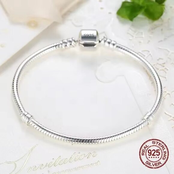 925 Sterling Silver Charm Bracelet | Snake Chain Smooth Bone Bracelet - Picture 3 of 5